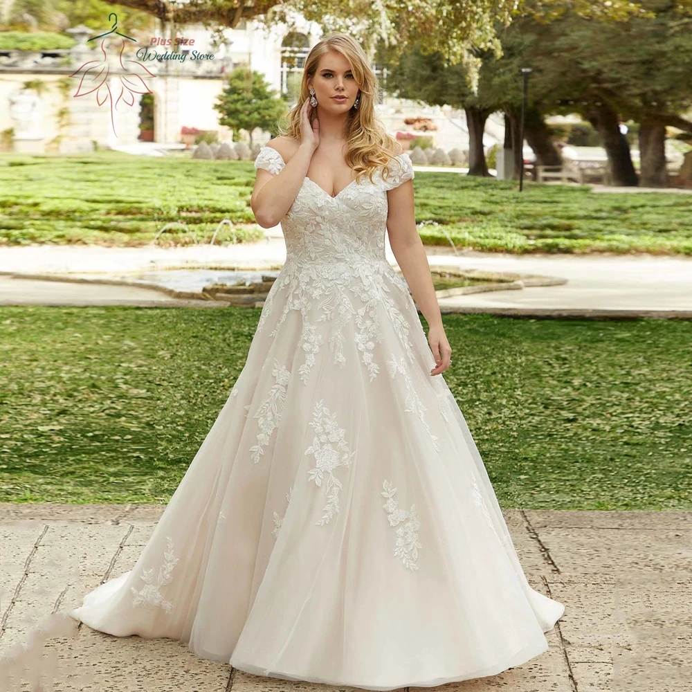 ที่กําหนดเองปิดไหล่ชุดแต่งงาน PLUS ขนาด V คอชุดเจ้าสาว Appliques Sweep Train A-Line Tulle Robe De Mariée