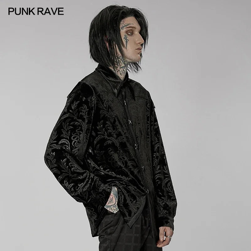 PUNK RAVE Men's Gothic Octopus Embossed Velvet Loose Goth Print Shirt Gorgeous Party Long Sleeve  Tops Autumn/Winter