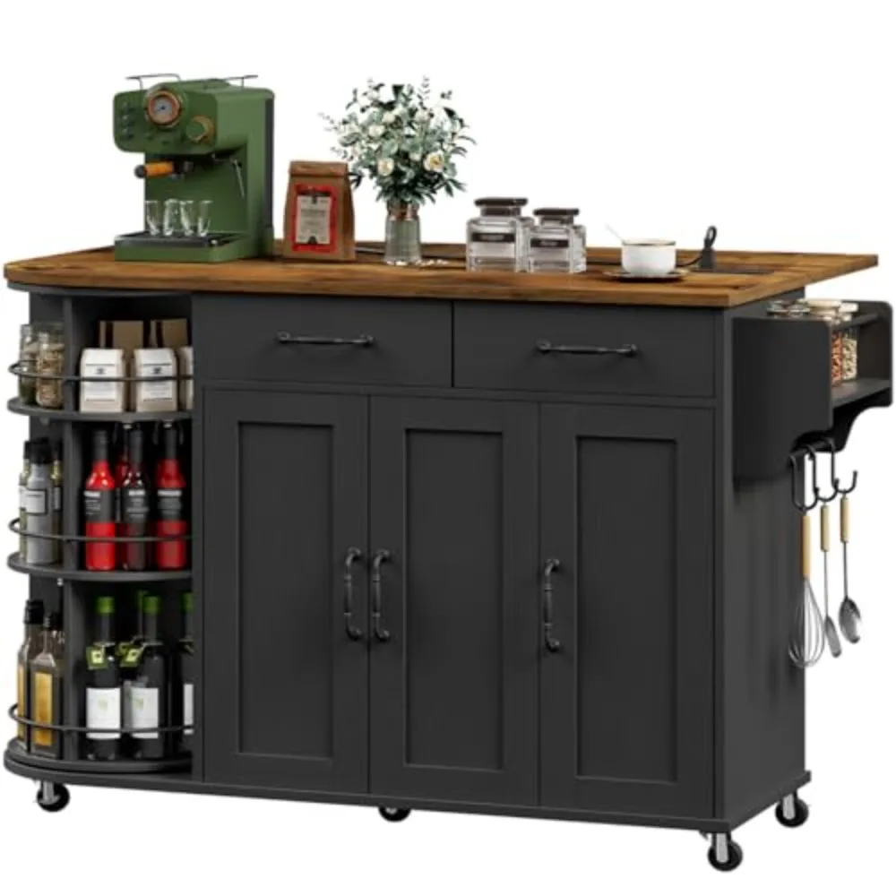 Kitchen Island with Power Outlet & Drop Leaf, Kitchen Rolling Island with Rotating Organizer, Kitchen Island Cart with