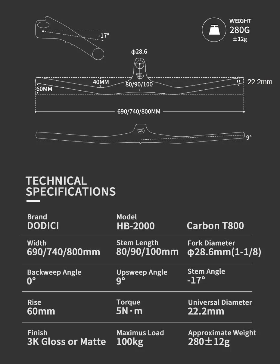 DODICI Carbon Handlebar 28.6mm/31.8mm Integrated Bar Mountain Bicycle Handlebar Glossy black Bike Parts