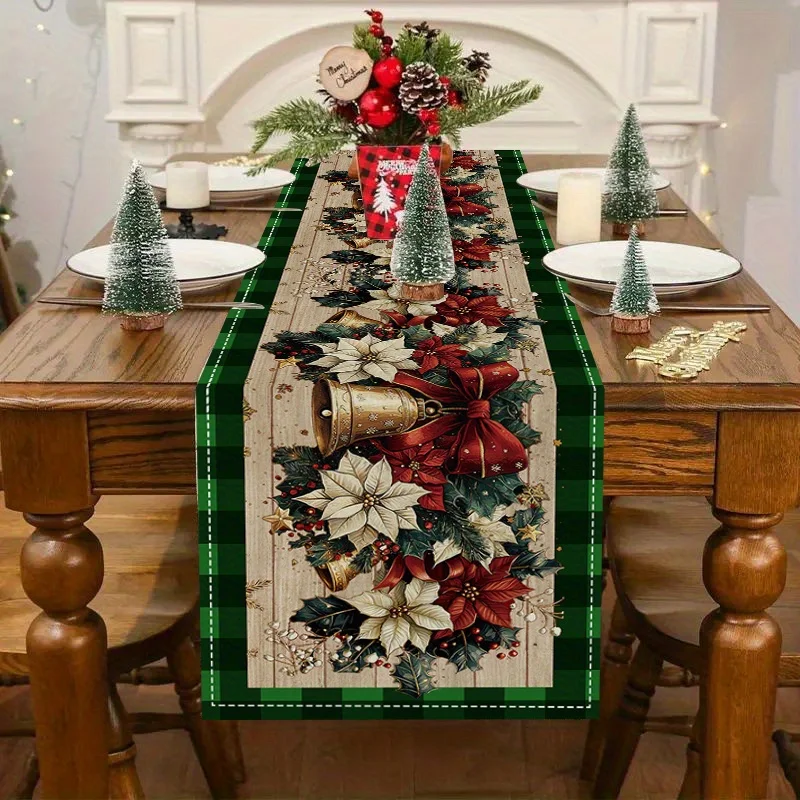 1pc Elegant Christmas Poinsettia Table Runner, Green Checkered Border, Table Decoration for Xmas Party & Family Celebration