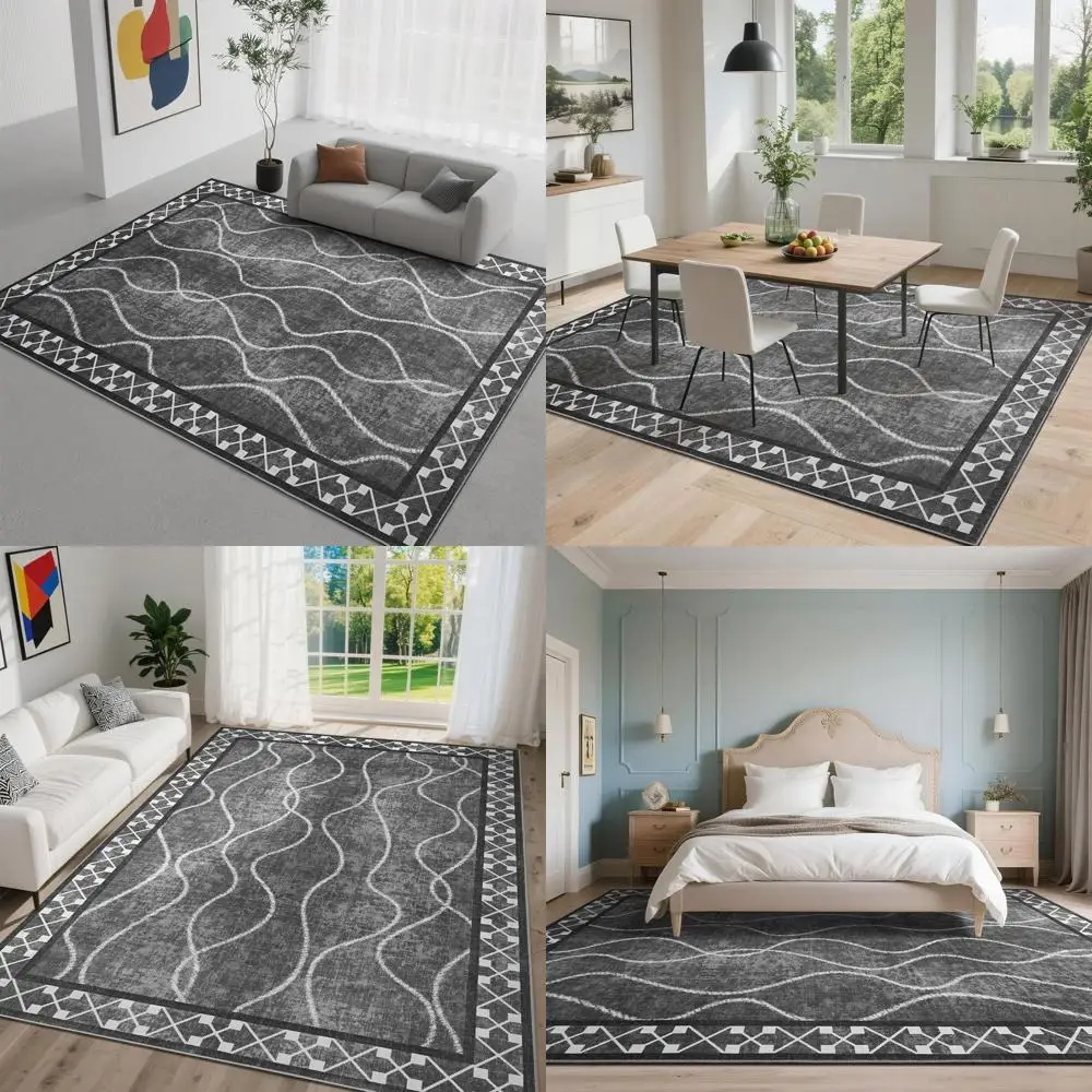 

5x7 Living Room Area Rugs, Washable Bordered, Non-Slip Rubber Backing, Low Pile for Home Decor, Black & Grey