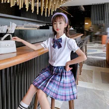 

2023 new japan teenager Summer Fashion Child preppy Girl JK Bow sailor Collar Blouse Shirt + Plaid Pleated Skirt 6 8 9 12 year