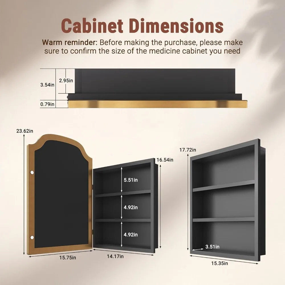 خزانة مرآة حمام بإطار معدني قوي مقاس 16 × 24 بوصة مع مساحة تخزين أو سطح أو حامل غائر، سهلة التركيب