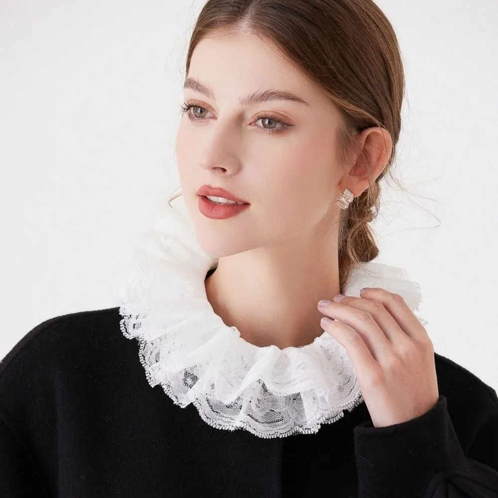 Collier fantaisie en dentelle style princesse, blanc, élégant, avec volants, châle détachable, attache frontale noire, manches à volants vintage, accessoires de costume