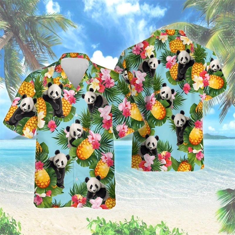 

3D Printed Funny Panda Pattern Hawaiian Shirts For Men Clothes Summer Short Sleeve Beach Shirt Cute Animal Bear Lapel Blouse