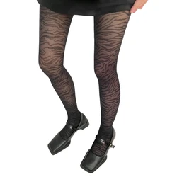 Fashionable Black Zebras Striped Patterned Pantyhose Stylish Women Japanese Vintage Jacquard Sheer Mesh Tights Stockings