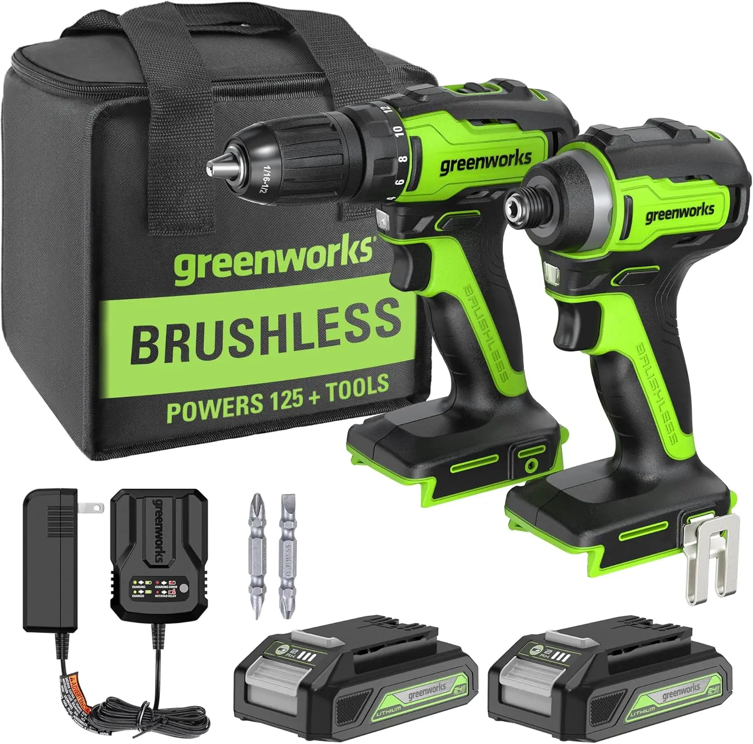 Greenworks 24V MAX Cordless Brushless Drill + Impact Combo Kit, (2) 2.0Ah Batteries, (1) Charger, and Bag Included