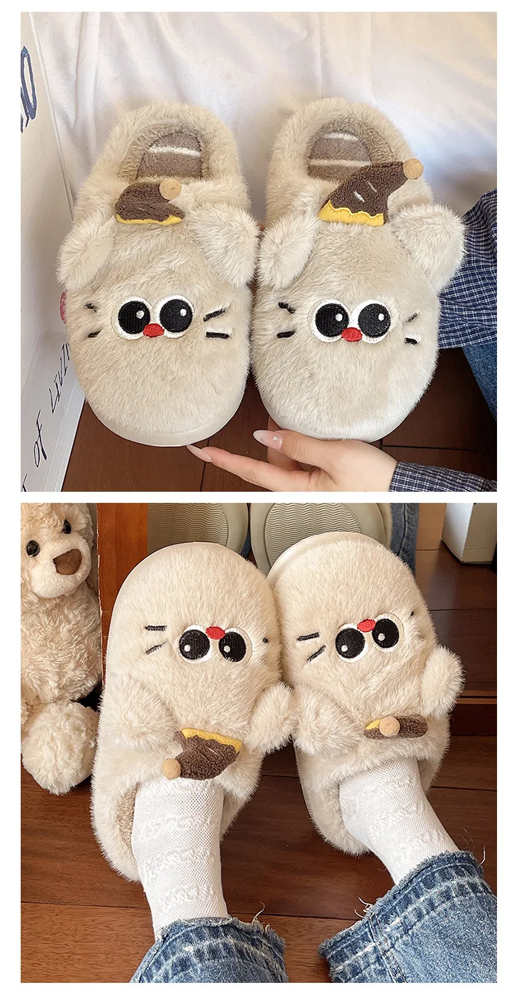 Black slippers for women winter  cute hats for cats at home non-slip thick bottom plush Indoor home cotton slippers warm girl ﻿