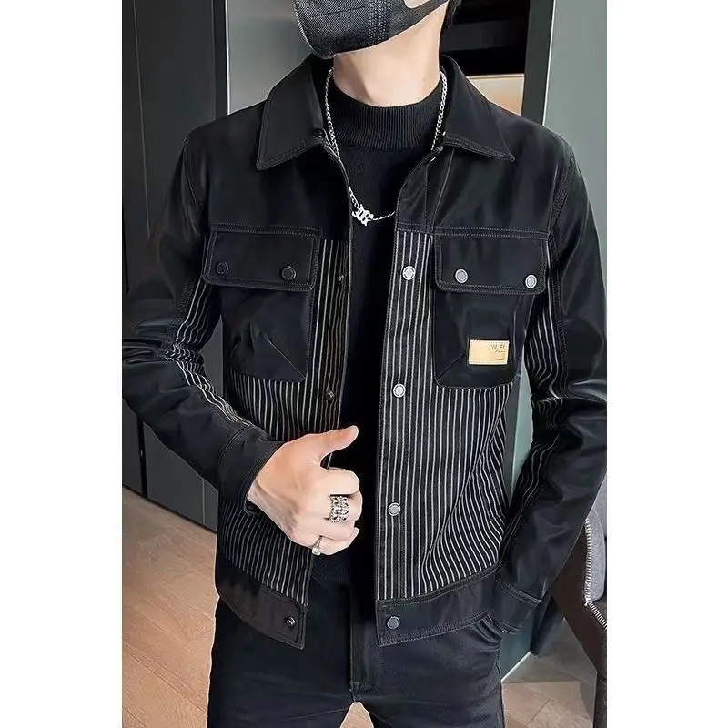 Leather Jacket Men Autumn  Winter Versatile Korean Style Trend Stripes Casual Men Outfit Tops Internet Turn-down Collar Coat