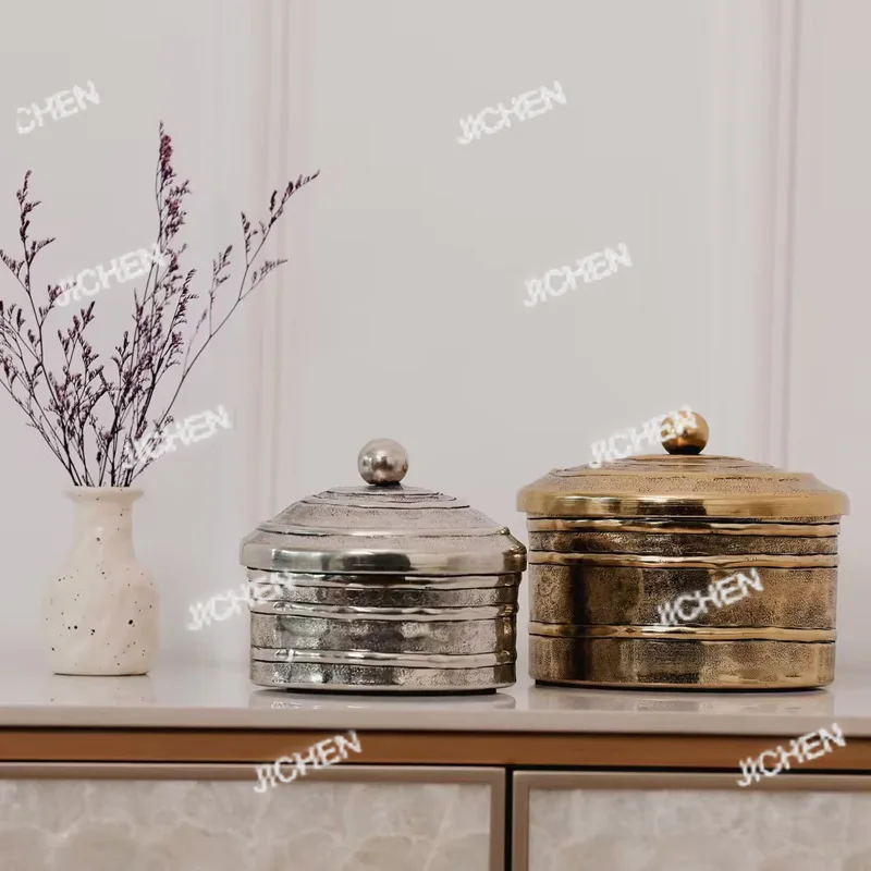 

Декоративный металлический круглый контейнер для хранения в стиле легкой роскоши с горизонтальным узором под молотковую сталь, золотистый/серебристый, для дома и рабочего стола