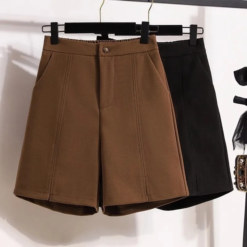 Pantaloncini di lana Donna Accogliente Autunno Inverno Dritto Vintage Comodo Tasche Ins Coreano Elegante Moda Alta Elastico in Vita Casual