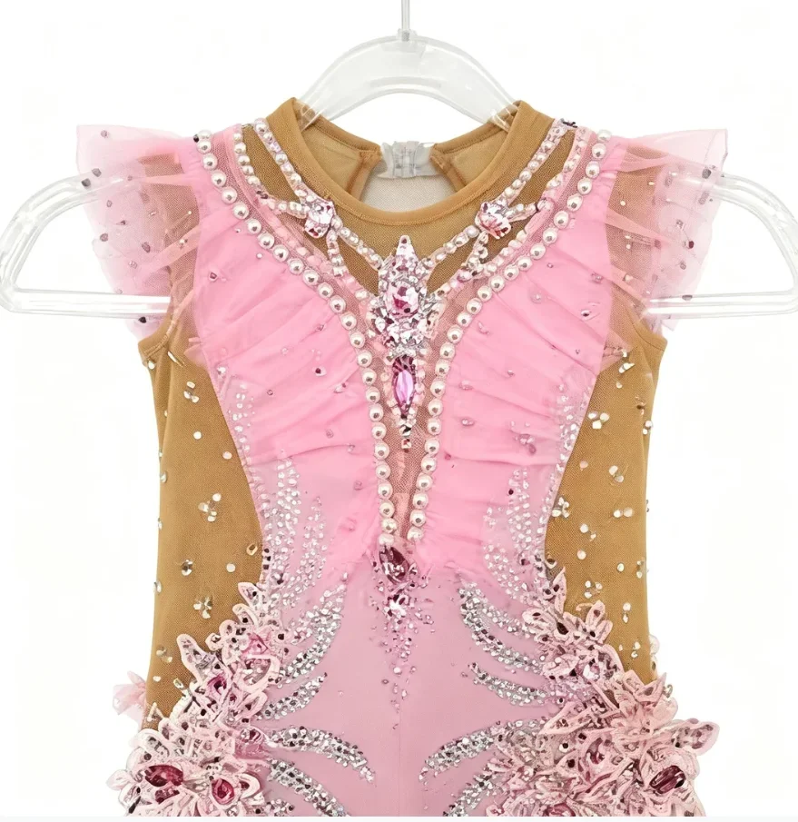 Turnanzug für Mädchen und Kinder, Wettkampf- und Auftrittskleidung, Rhythmische Gymnastik, Ballett, Tanzbekleidung, Sportoutfit, Rosa – Detail 5