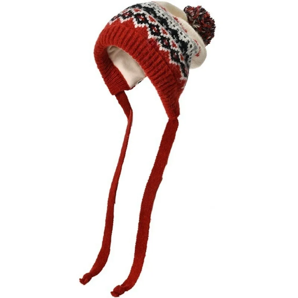 

New Pompom Warm Hat Knitted Windproof Beanie Cap Cold Proof Thickned Ear Protection Hat Women