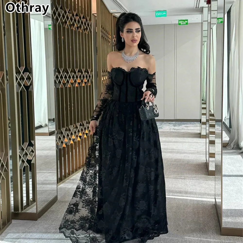 Otray-Vestidos de Noche de encaje negro para mujer, vestidos de noche con hombros descubiertos, mangas largas, vestidos de fiesta de noche formales, Dubai, Arabia, Met, Gala