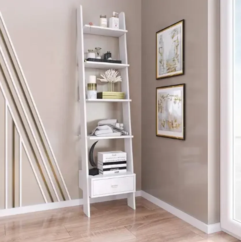 Contemporary Minimalist Five-Open-Shelf Ladder Bookcase with One Drawer for Living Room or Bedroom Furniturepromote sales