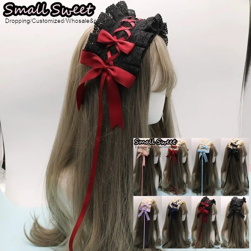 Women Y2k Girl Hair Ribbon Japanese Sweet Lolita Headband Ruffle Lace Bow Hair Sash Hairband Headwear Cosplay Hair Accessories