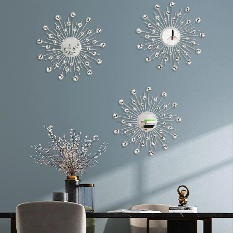 

Uaussi 3 Pack Crystal Sunburst Mirror Décor Rhinestone Mirrors Decorative Home Wall Art for Living Room Bedroom Entryway(Cr