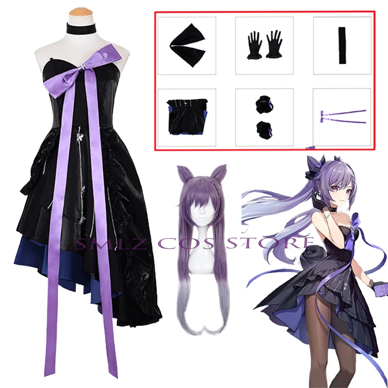 

One plus Keqing Cosplay Anime GenshinImpact New Uniform Wig Set Anime Women Black Sexy DRESSES Halloween Party Outfit