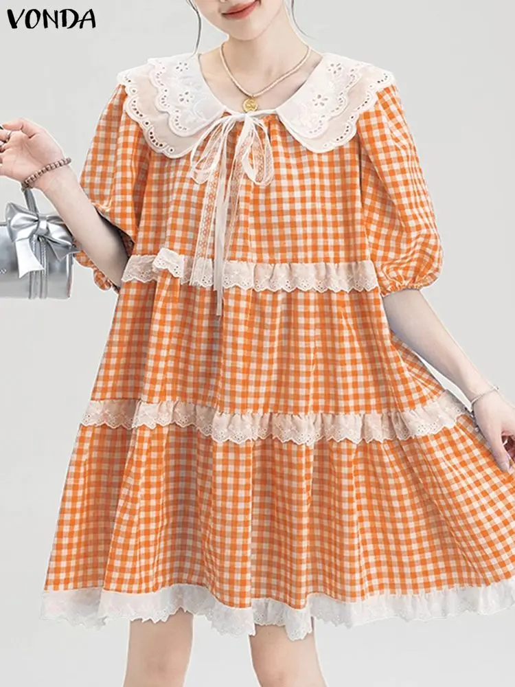 Plus Size 5XL VONDA Summer Mini Dresses Women Short Sleeve Lapel Lace Patchwork Sundress Casual Plaid Vestido Loose Ruffled Robe