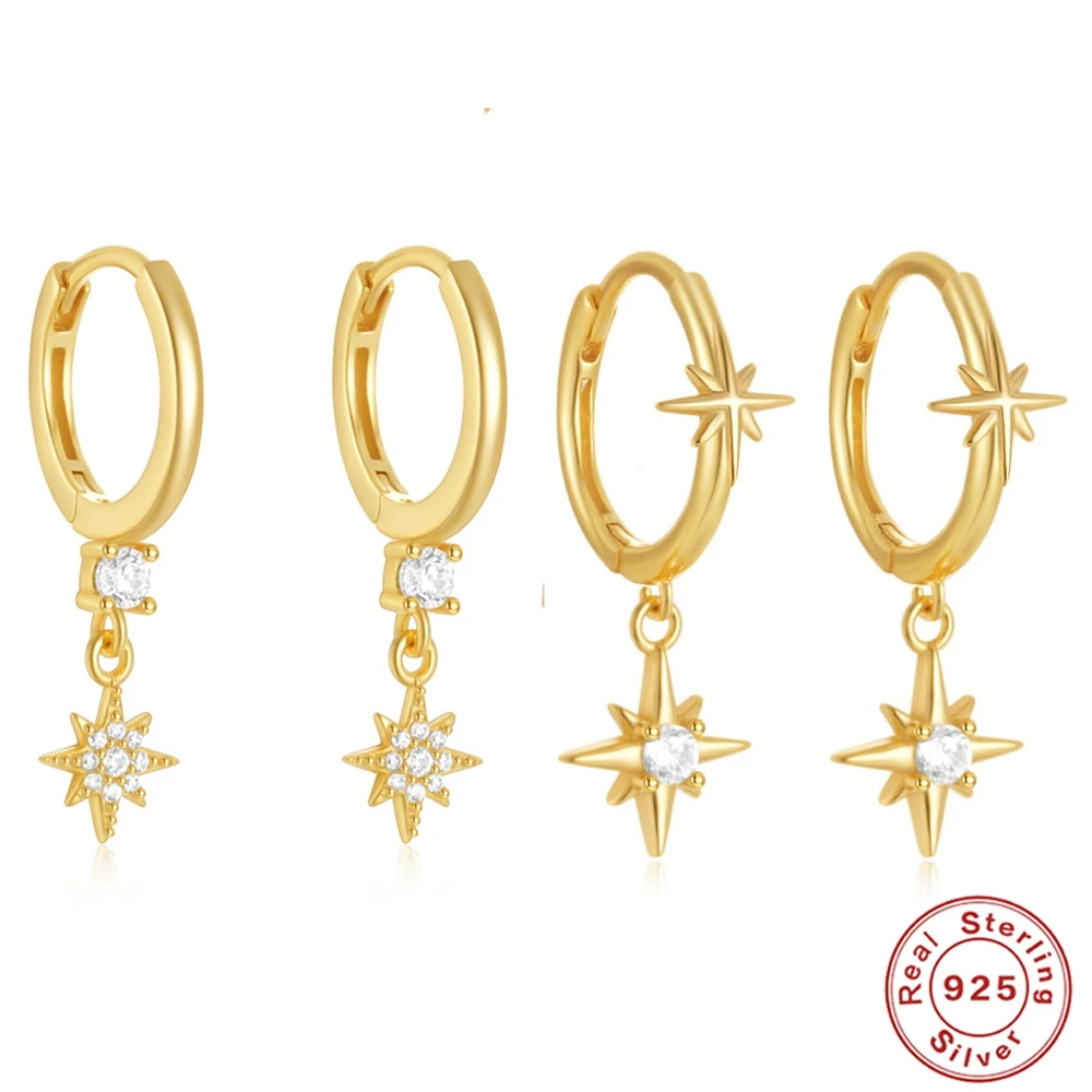 

AIDE Plata Real 925 Sterling Silver Hoop Earring For Women Ins Simple Octagonal Star Zircon Round Huggies Earring Fine Jewelry