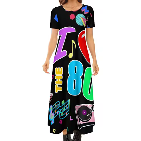I Love The 80S Retro Heart Dress Cute Graffiti Colorful Print Street Fashion Boho Beach Long Dresses Ladies Maxi Dress Gift Idea