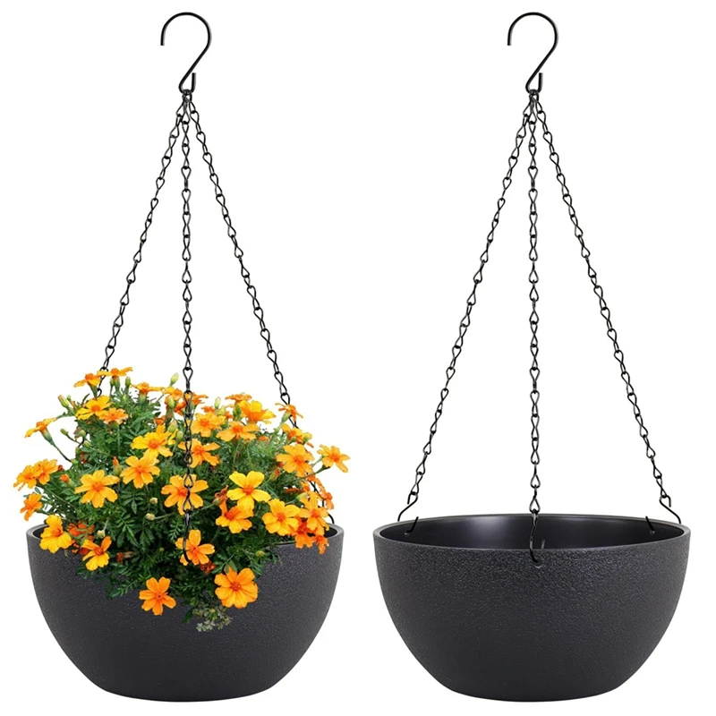 2Pcs Large Hanging Planter Plant Pots For Outdoor Indoor Plants With Drainage Holes And Chain, Round Hanging Flower Pots