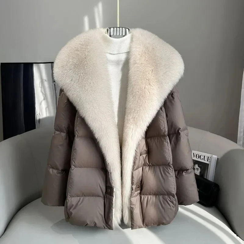 2025 Winter New Medium long Loose White goose Down Coats High end Faux Fox fur detachable Large Lapel fur Down Jacket For women
