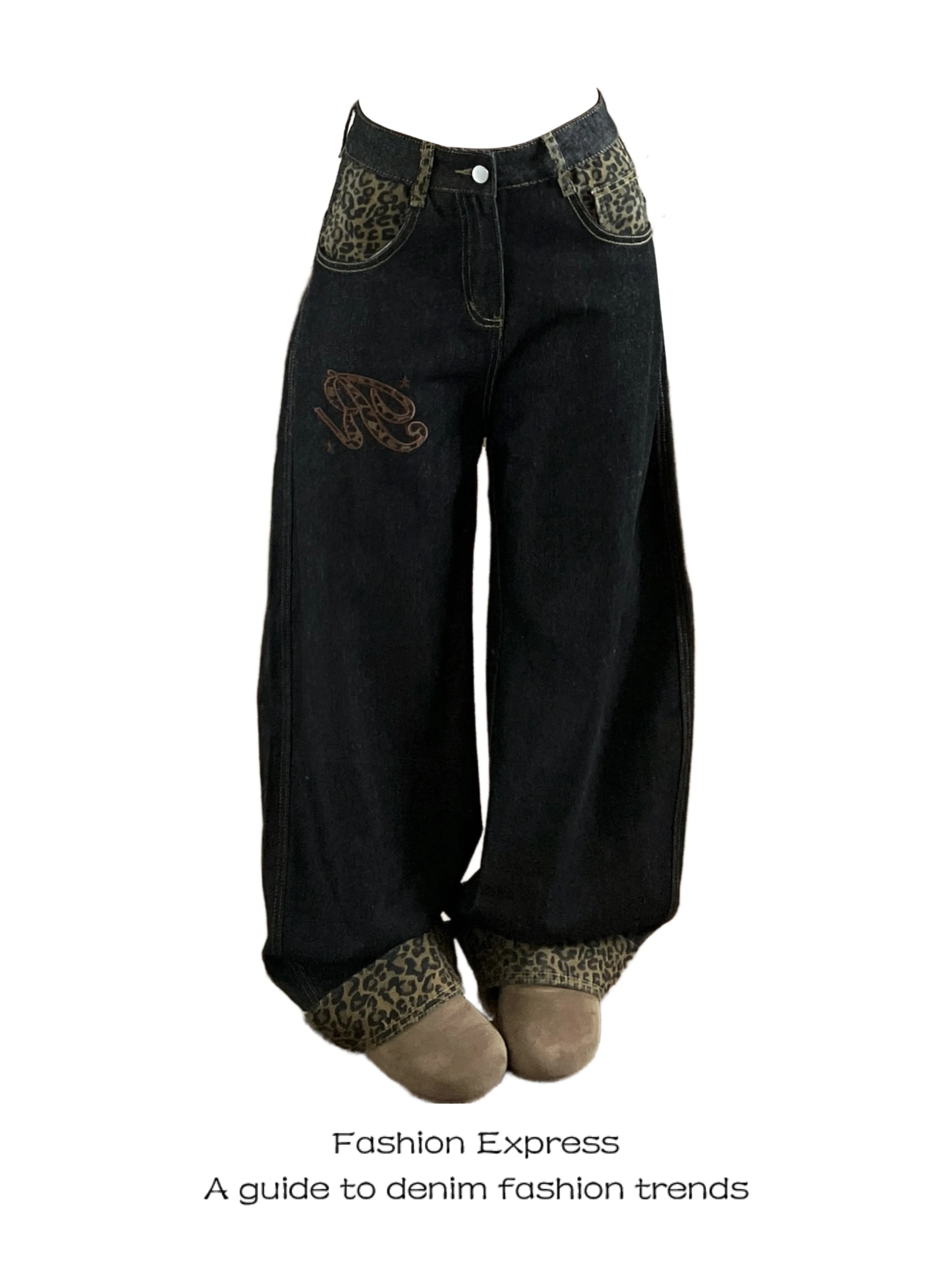 

Bla High Waist Wide Leg Pants Women's Spring Autumn New Sle Leopard Print Patchwork Trendy Loose Floor-Length Jeans