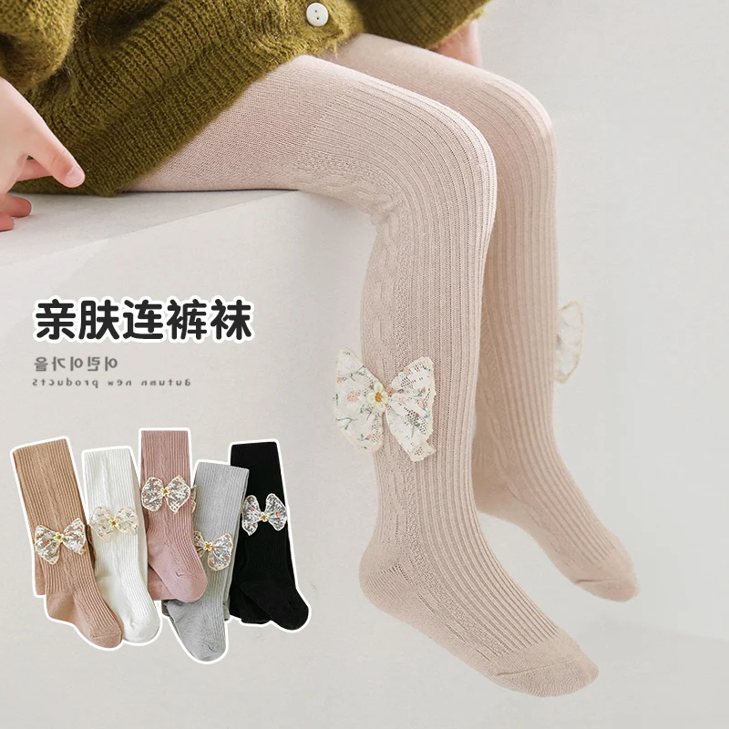 Cute Girls Cable Stripe Leggings With Vintage Pastoral Tiny Floral And Bow Decor Soft Elastic Breathable Skin-Friendly Pantyhose