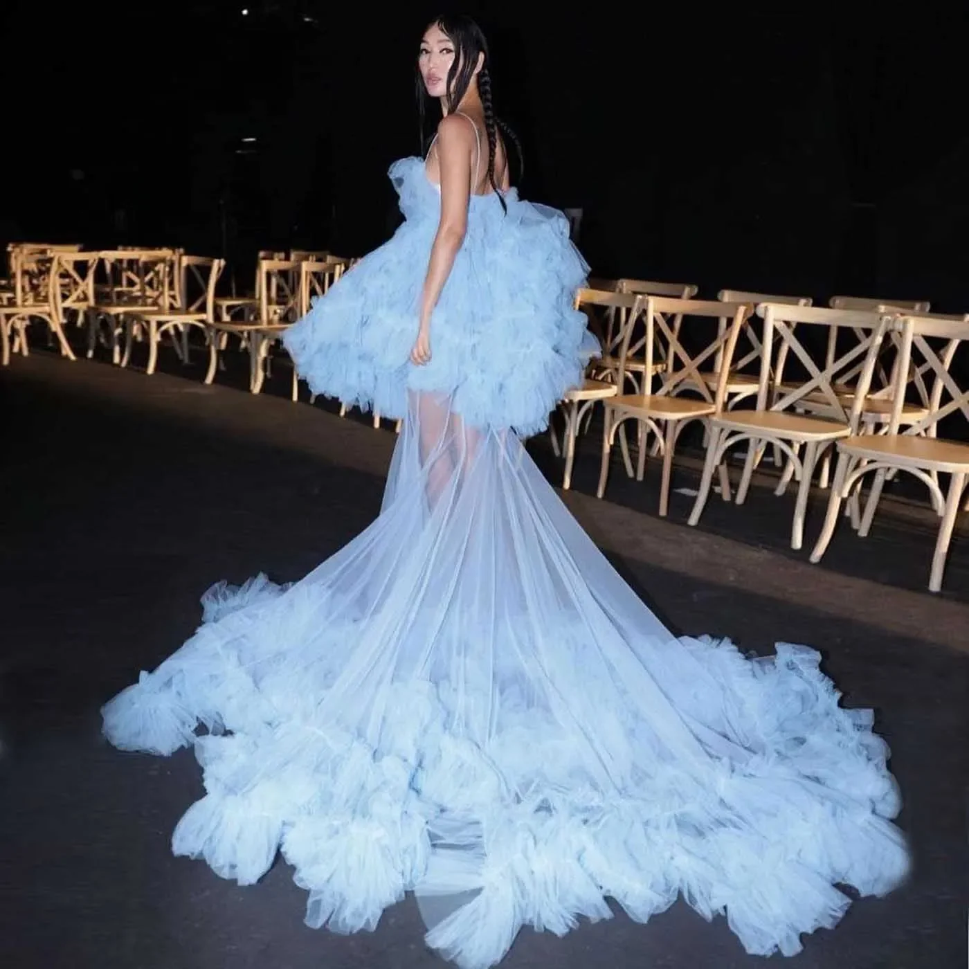 Chic Sky Blue Tulle Party Dresses See Through Sexy Orchid Tiered Trimmed Long Women Formal Occasion Dress Sweep Train Prom Gown