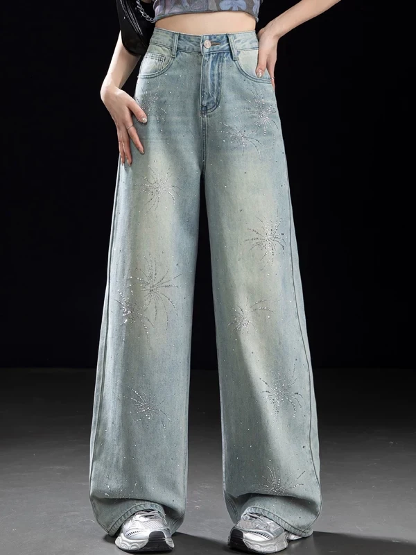 Women's Wide Leg Jeans High Waist Glitter Sparkle Drill Straight Cut Floor Length Pants Spring New Style Light Blue Denim