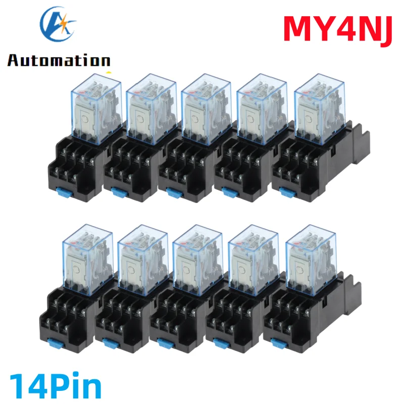 10sets MY4NJ HH54P DC 12V 24V 110V 220V AC Coil Power Relay General Purpose Relays 14 Pins 4NO 4NC 5A with PYF14A Socket Base