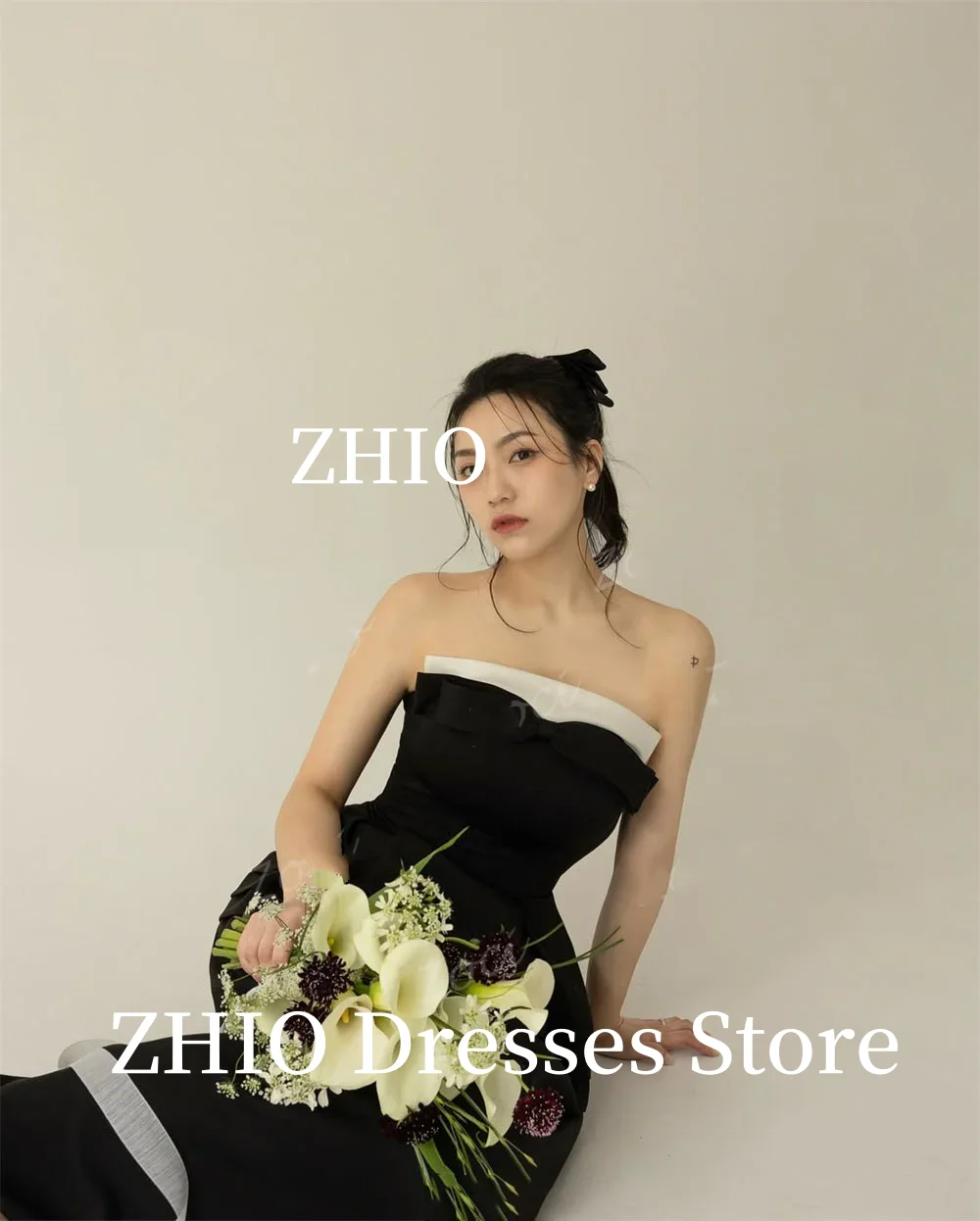 ZHIO Aangepaste eenvoudige zwart-witte Koreaanse trouwjurken Satijn A-lijn Strik Foto's Schieten Formele avondreceptiejurk amentos dh이킹ди ienу