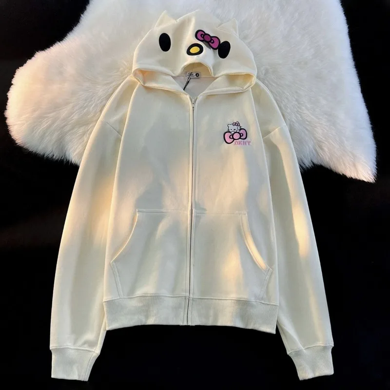 Vintage Cute Hello Kitty Embroidered Zip Hoodie College Style Couple Coats Streetwear Women Loose Lazy Casual Y2k Tops