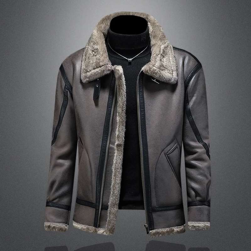 Abrigo de lujo para hombre de ante plateado y azul con forro de visón, cuello integrado de piel y cuero, corte holgado, ropa exterior cálida y gruesa.