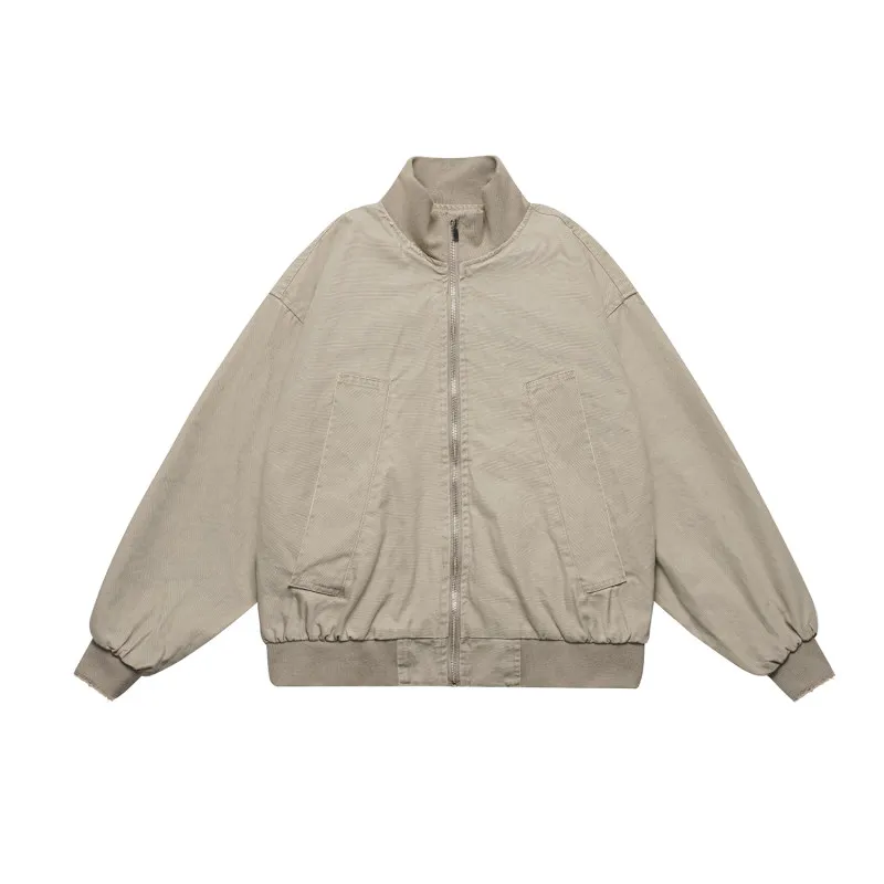 

Cleanfit Japanese Sle Pure Color Waed Stand Collar Jaet ex Loose Retro Autumn Khaki Baseball orm Outerwear