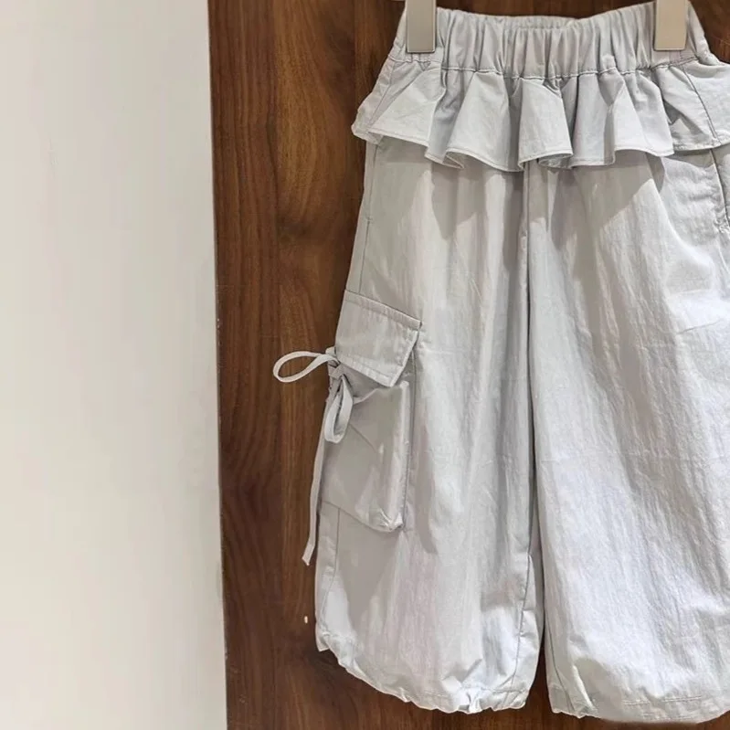 Girls' 2025 Spring Summer New Fashionable Work Pants for Middle and Small Children, Loose Drawstring Girls' Baby Pants