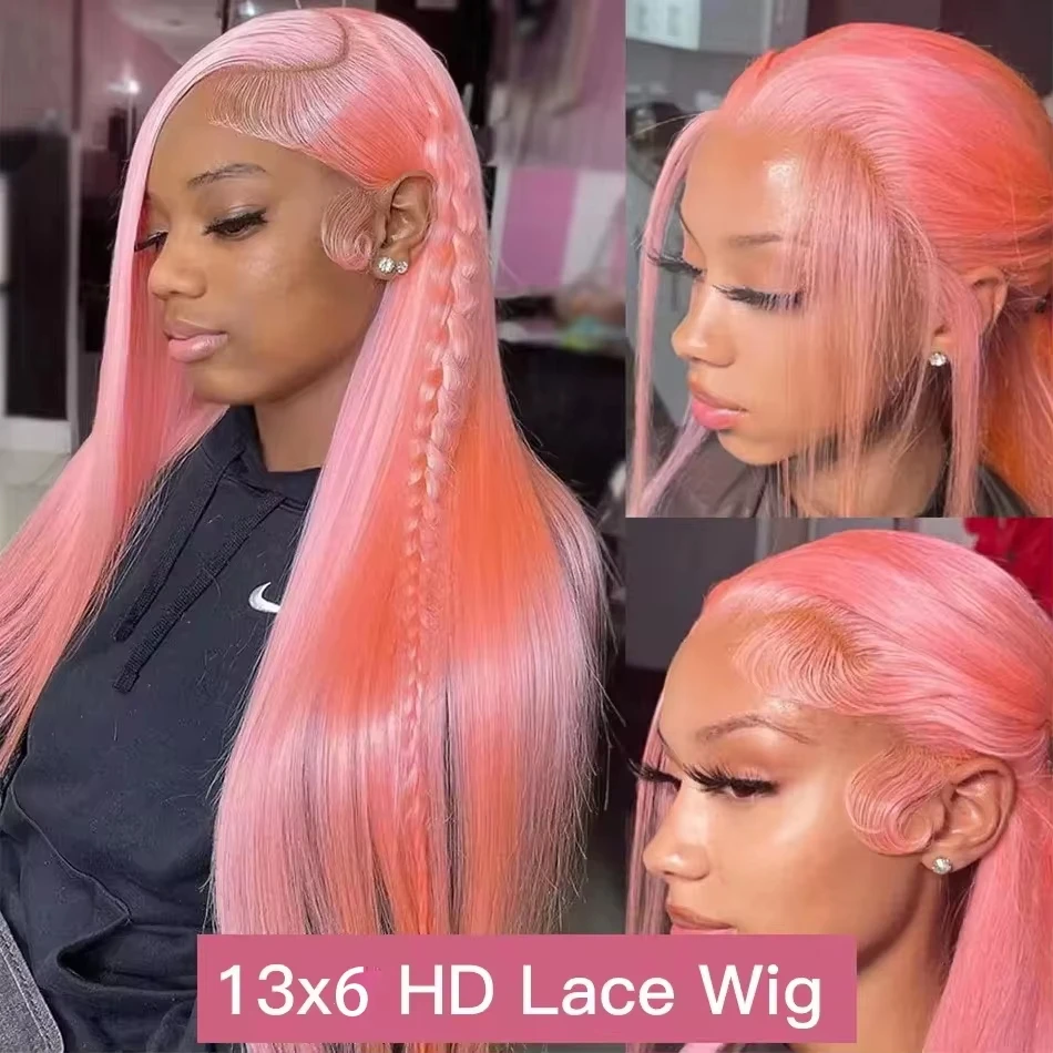 Straight Pink Human Hair Wig 13X6 13X4 Hd Transparent Lace Frontal Wig 30 36 Inch Brazilian Lace Front Colored Pre Plucked Wigs