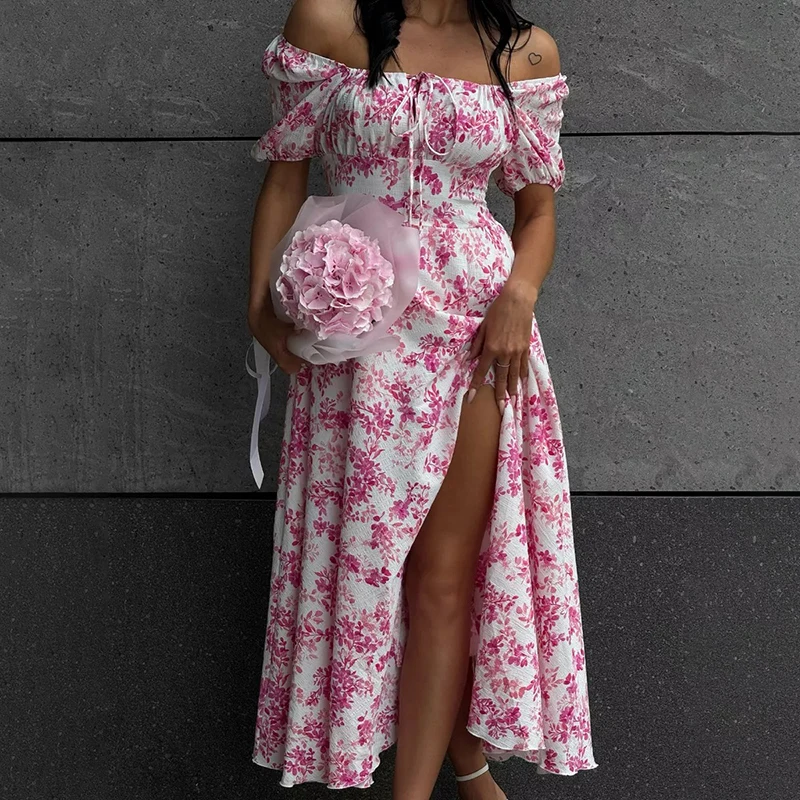 トルノバ オフショルダー 花柄 レディース バケーションドレス 半袖 レース ファッション プリント スリット ロングドレス カジュアル ルーズ 2026 夏新作