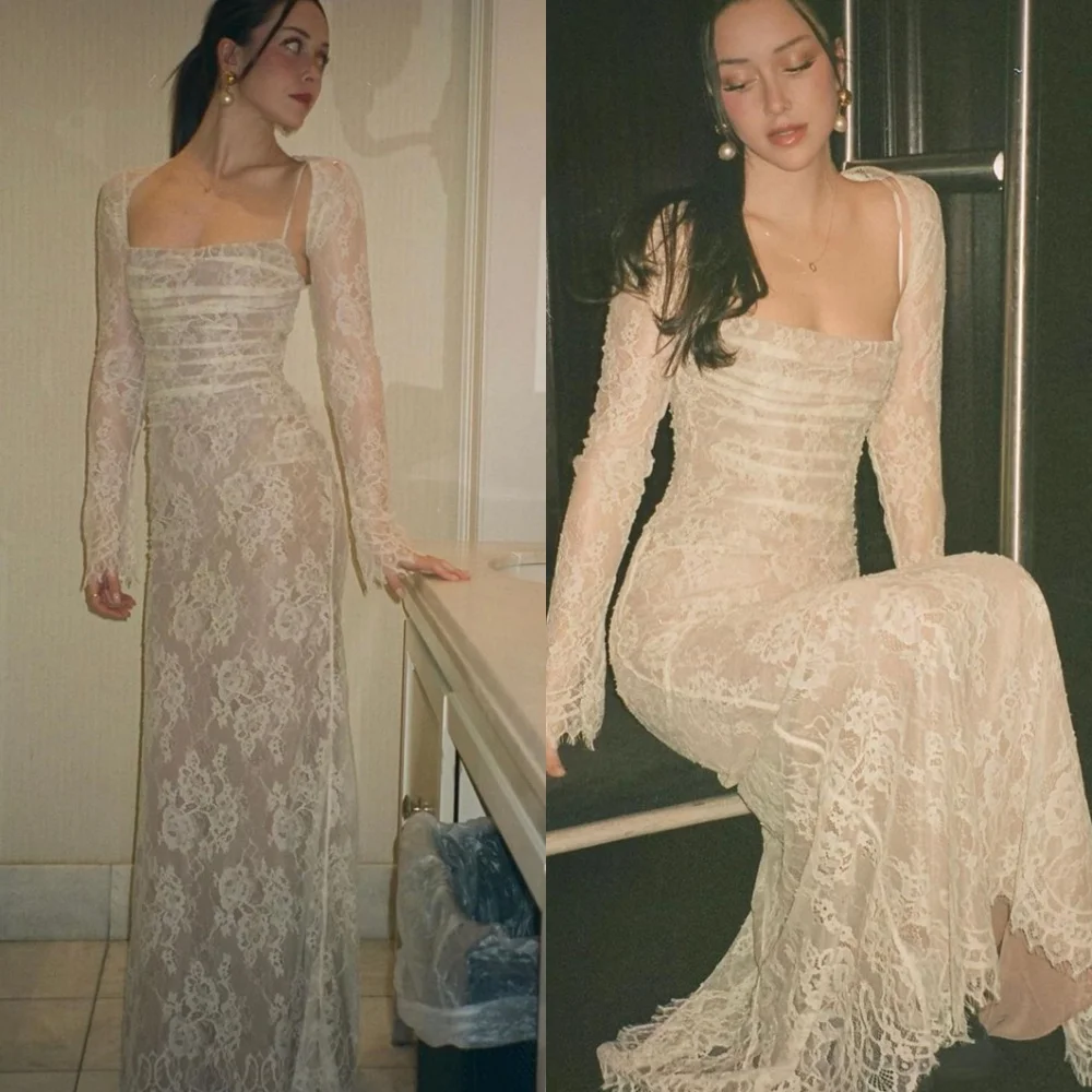 Customized Classic Ivory Lace Evening Dress Exquisite Square Collar Long Sleeves Zipper Back Mermaid Special Occasion Gowns