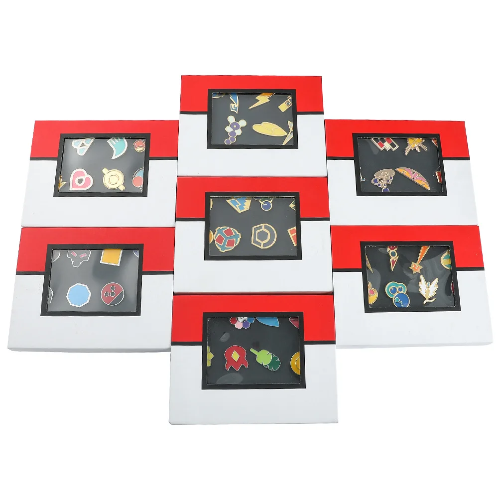 Pokemon-Abzeichen-Box-Set Kanto Johto Hoenn Sinnoh Unova Kalos Orange League Region Pins Broschen Taschenmonster-Sammlerstücke
