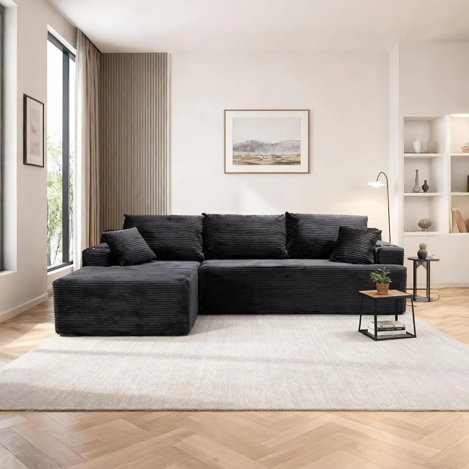 

105" L-Shape Modular Sectional Sofa Deep Seat 2 Cup Holders Corduroy Living Room Left Chaise Customized