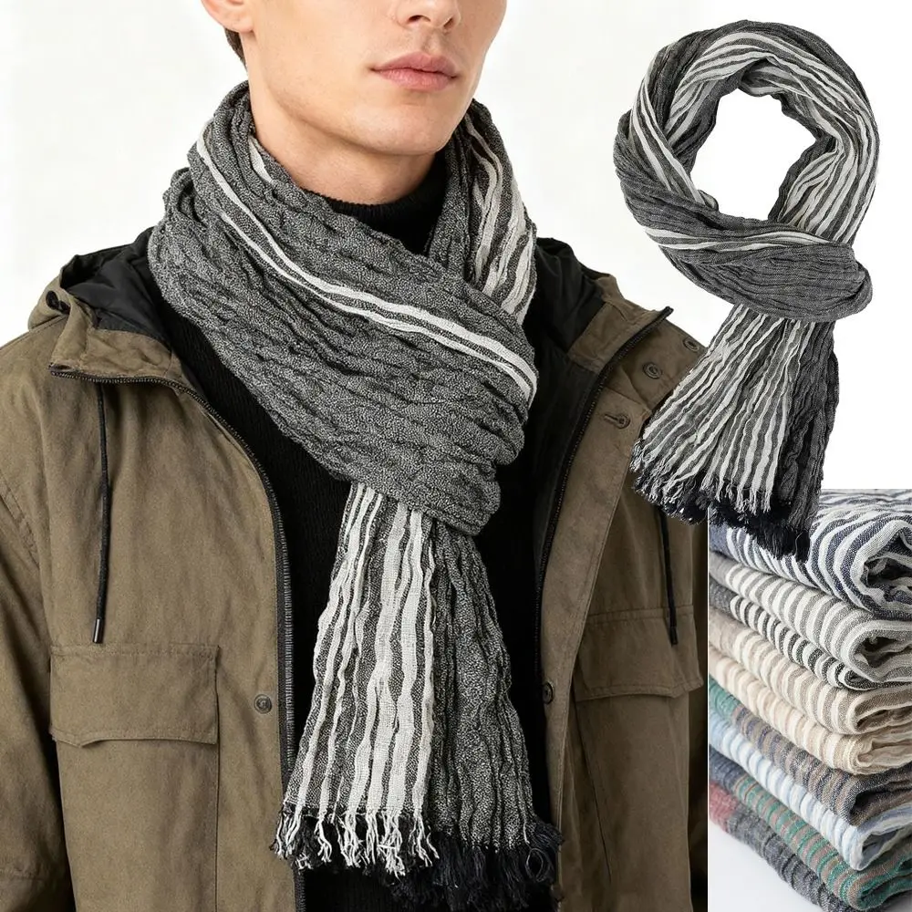 

Зимний мужской шарф из хлопка и льна, окрашенный в пряжу, полосатые мужские шарфы с кисточками, мягкий тонкий шейный платок, осенне-зимний теплый