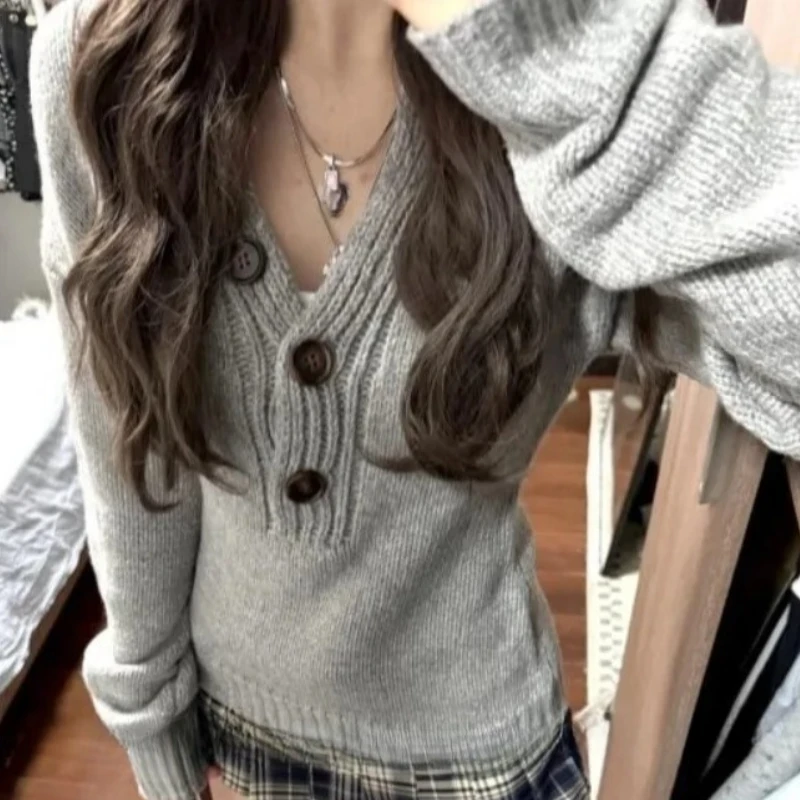 

2000s Y2k Тонкие винтажные свитера с длинными рукавами Осень-зима Пуловер с v-образным вырезом Корейская мода Субкультура Топ с длинными рукавами для женщин