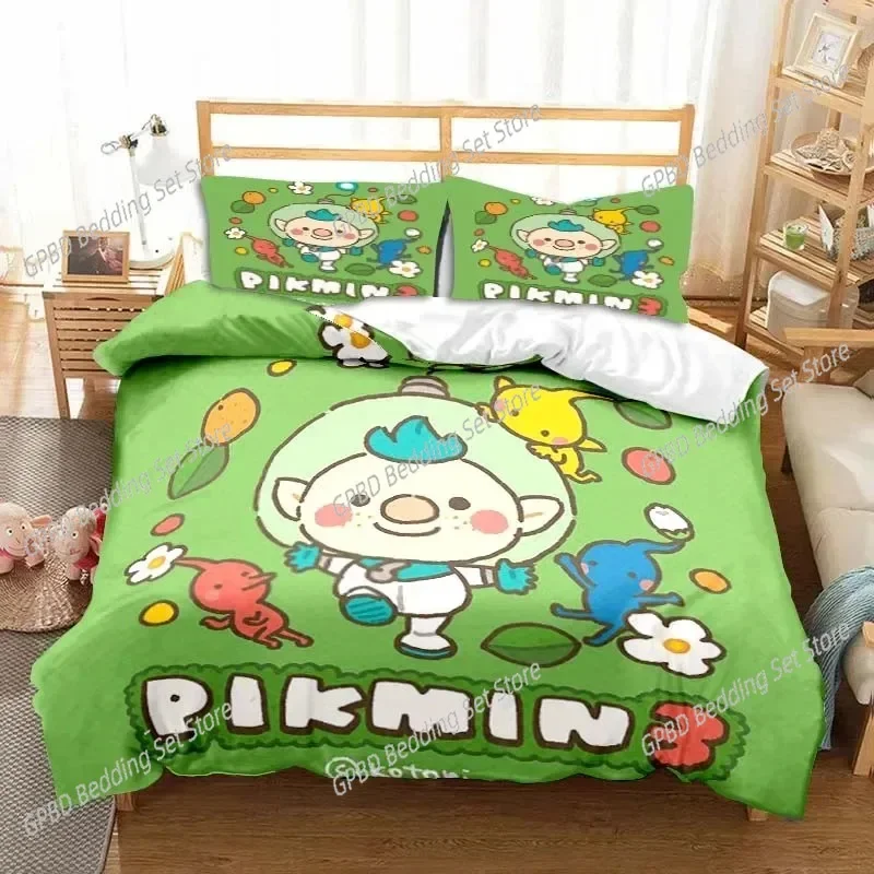 Cute Pikmin Characters Cartoon Bedding Set,Duvet Cover Bed Set Quilt Cover Pillowcase,King Queen Twin Size Boys Girls Adults