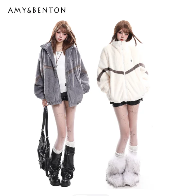 

Winter New Hot Sale American Style Women's Metal Decor Stand Collar Loose Casual Off-White Dark Gray Lamb Wool Jacket