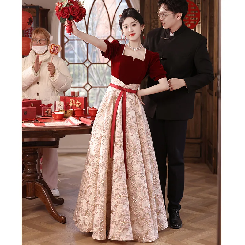 

Ele Wedding Dr Women's Faionable ort Sve Floor Length Gown for Marriage Ceremony Bridal Tea Ceremony And Banquet