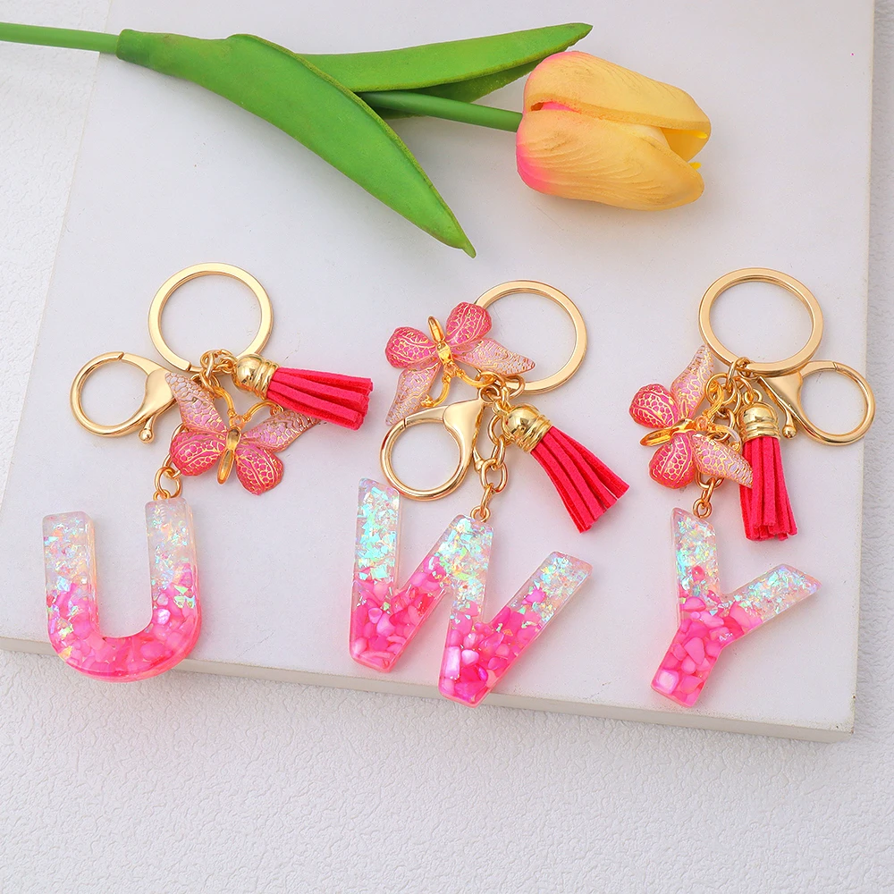 Exquisite Pink Butterfly Tassel Letter Keychain Colorful Sequin Filled Resin Initial Keyring Women Bag Ornament DIY Jewelry Gift