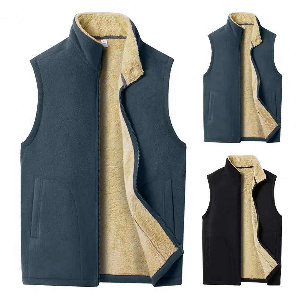 

Men Winter Casual Sleeveless Jacket Warm Fleece Stand Collar Warm Fleece Lining Waistcoat Pockets Zipper Placket Vest Coat